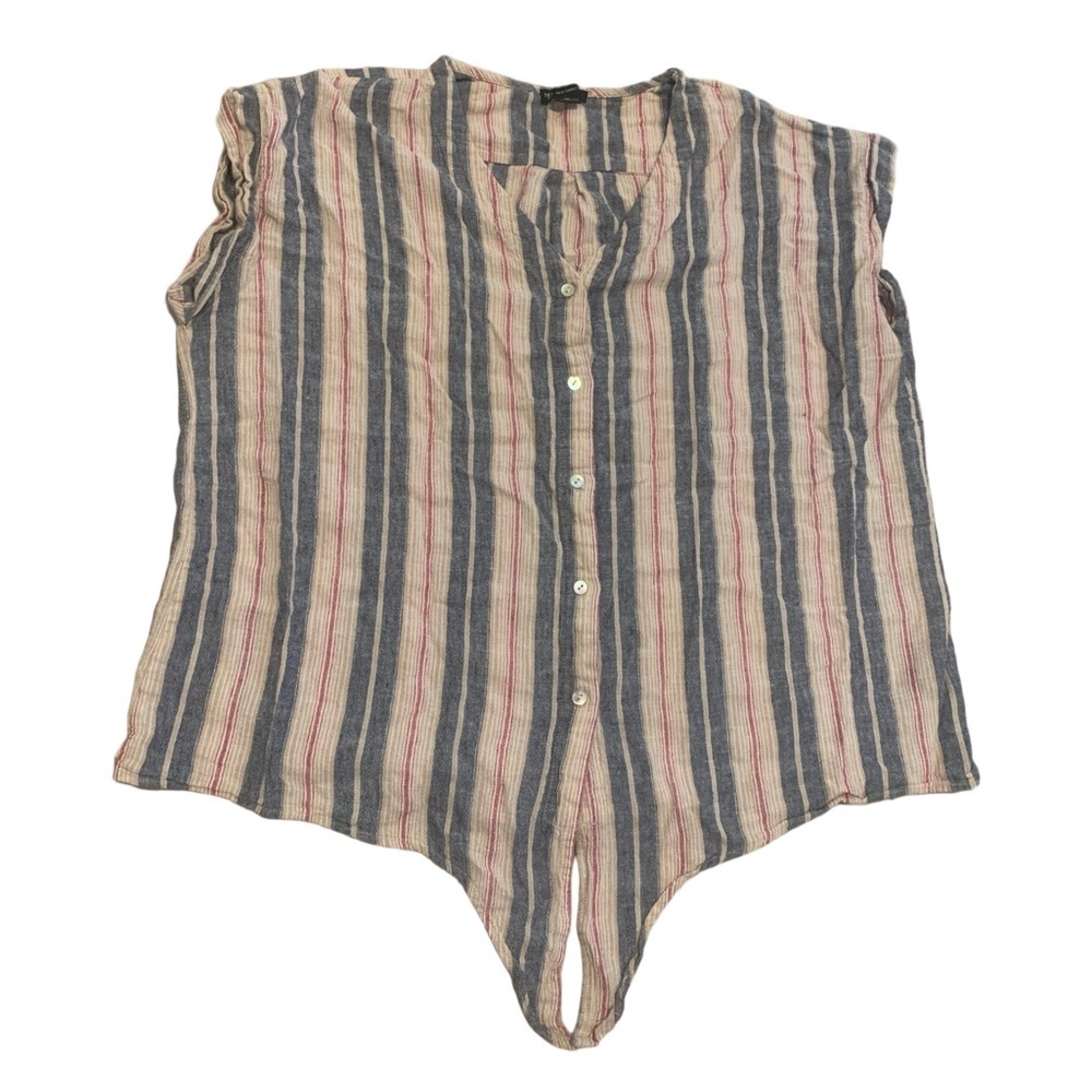 💛 NEW DIRECTIONS Striped Tie-Front Blouse - Blue, Red, & Tan - Size XL